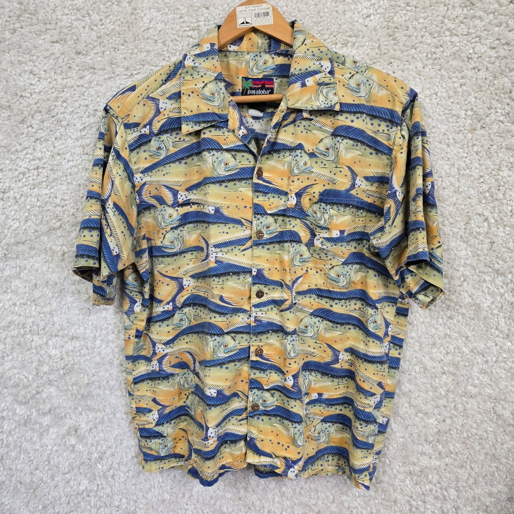 Vintage Patagonia Pataloha Shirt Mens Small Yellow Mahi Mahi Fish Print 1995